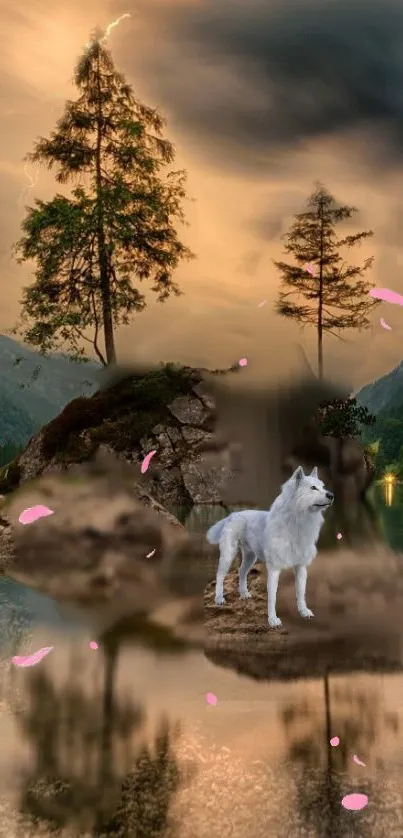 White wolf in serene forest with pink petals and golden sky.