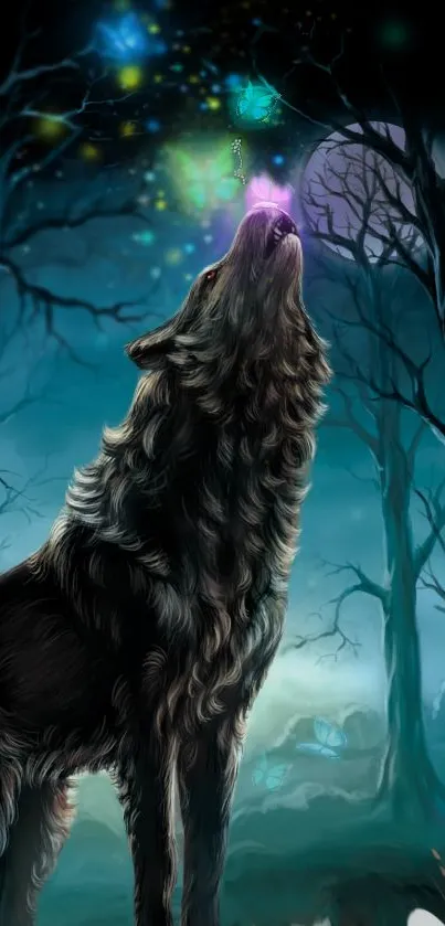 Mystical wolf under night sky with glowing orbs and a full moon.