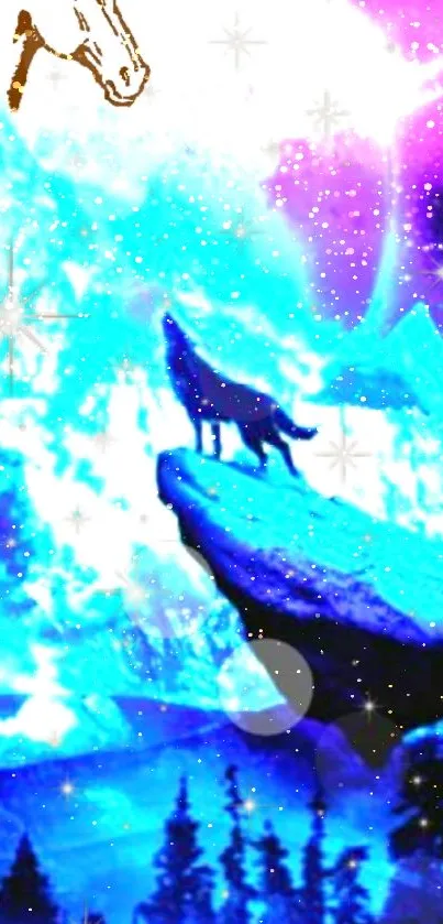 A mystical wolf howls under a vibrant, starry night sky.