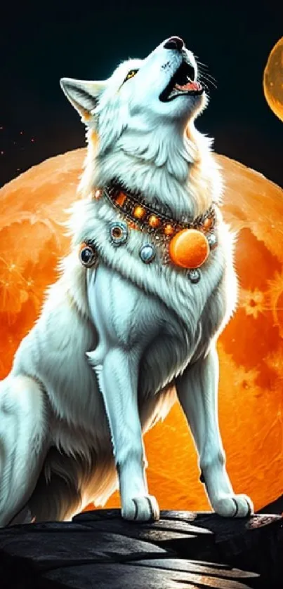 Mystical wolf howling at the glowing orange moon with cosmic jewelry.