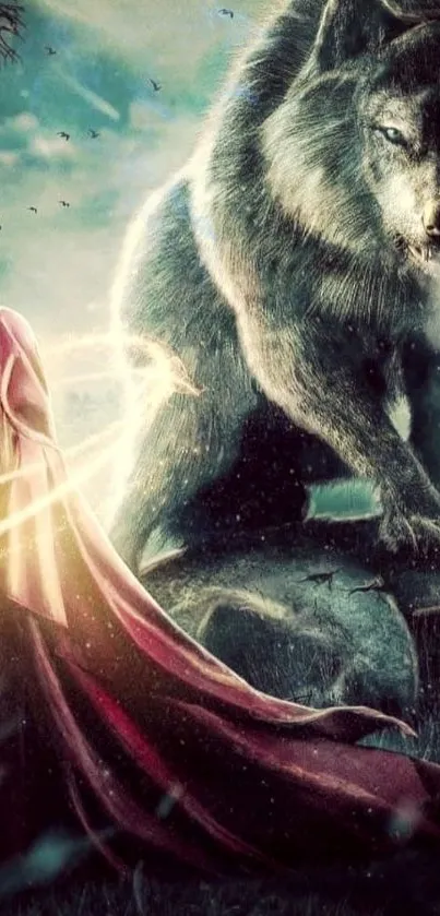 Mystical wolf and red cloak scene with fantasy elements.