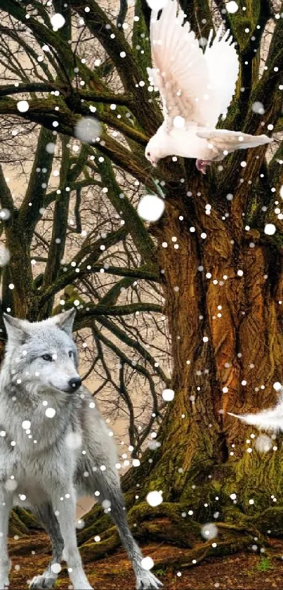 White wolf standing under a sprawling tree with leafless branches.