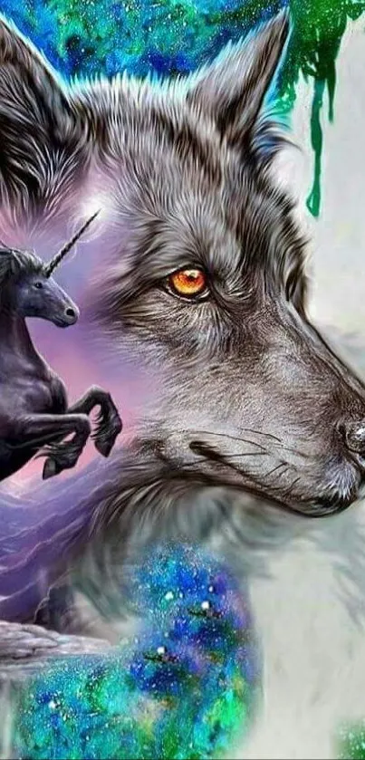 Mobile wallpaper of a mystical wolf and unicorn with a colorful celestial background.