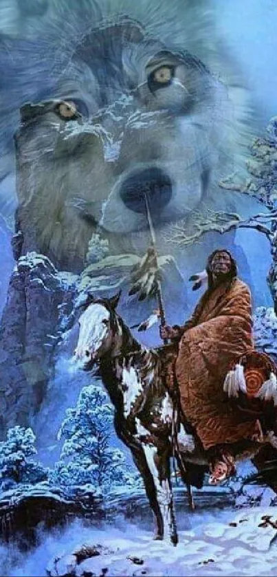 Fantasy wallpaper with a wolf and Native American warrior in snowy mountains.