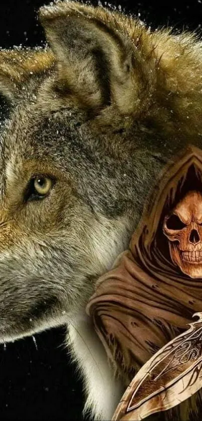 Majestic wolf with hooded warrior artwork wallpaper.