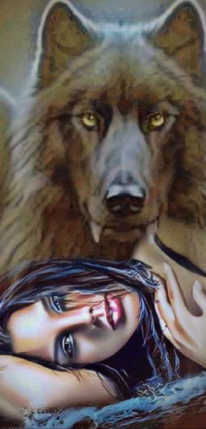 Mystical artwork of a woman lying beneath a powerful wolf, set in a fantasy style.