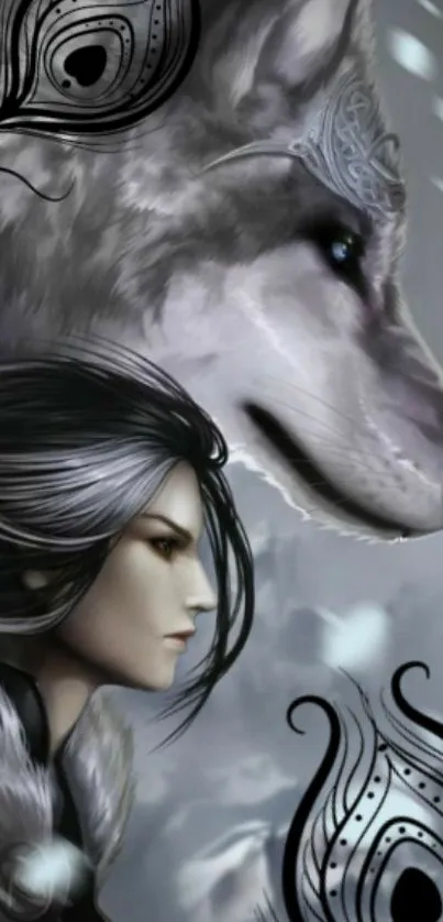 Mystical digital art of a woman with a wolf, emphasizing fantasy and elegance.