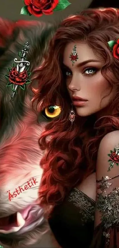 Fantasy art of a mystical woman with a wolf and red roses.