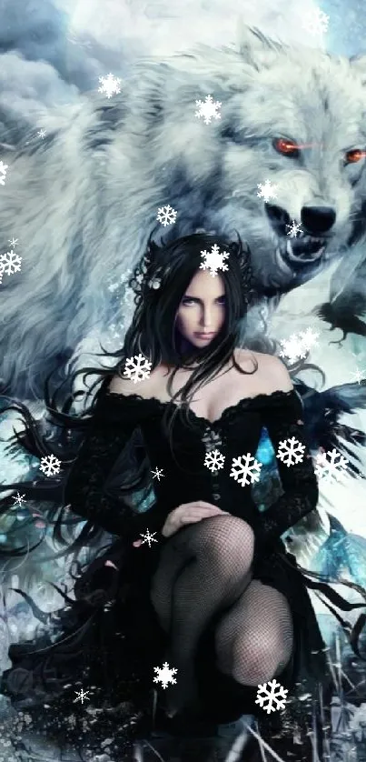 Mystical woman with a wolf under a moonlit sky in enchanting wallpaper art.