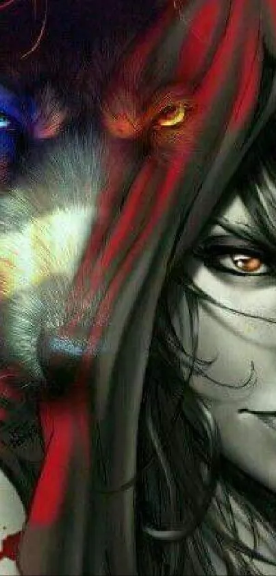 Mystical wolf and woman artistic mobile wallpaper.