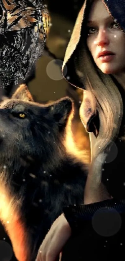 Mystical scene with a wolf and a hooded woman in golden light.