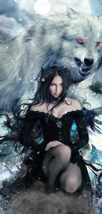 Fantasy woman with wolf in moonlit scene.