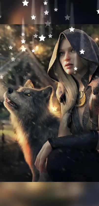 Mystical woman with wolf in starry forest wallpaper.