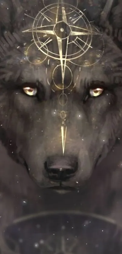 Mystical wolf artwork with celestial designs in dark tones for mobile wallpaper.