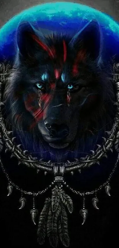 Mystical wolf with blue moon mobile wallpaper.