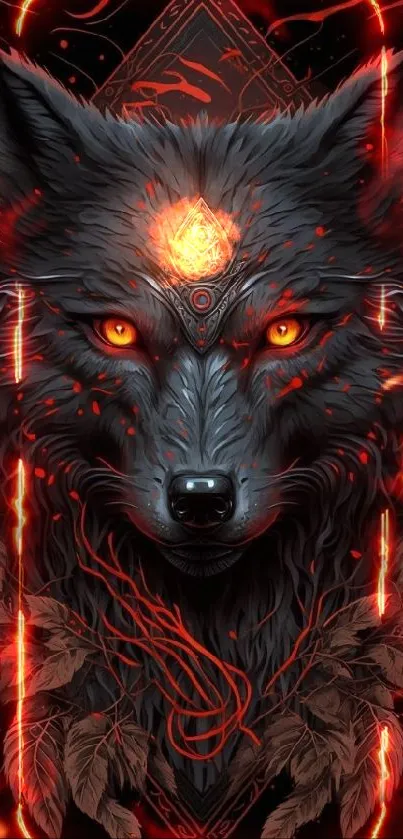 Mystical wolf art with orange eyes and dark background.