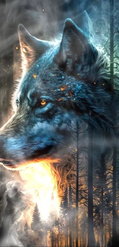 Mystical wolf art with dark forest background.