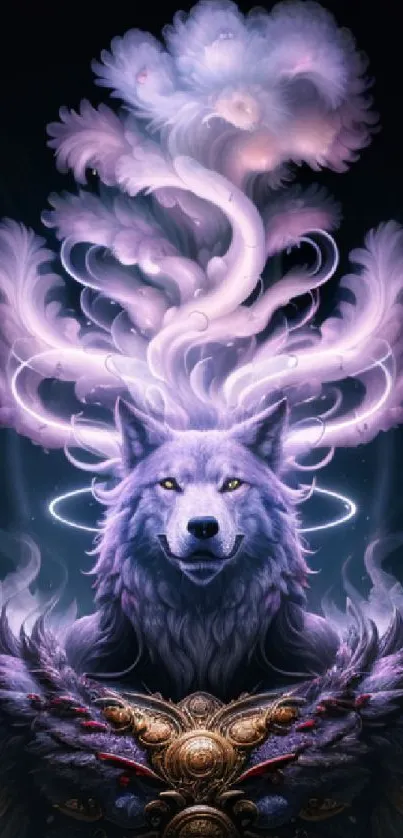 Mystical wolf with purple aura in a fantasy art design.