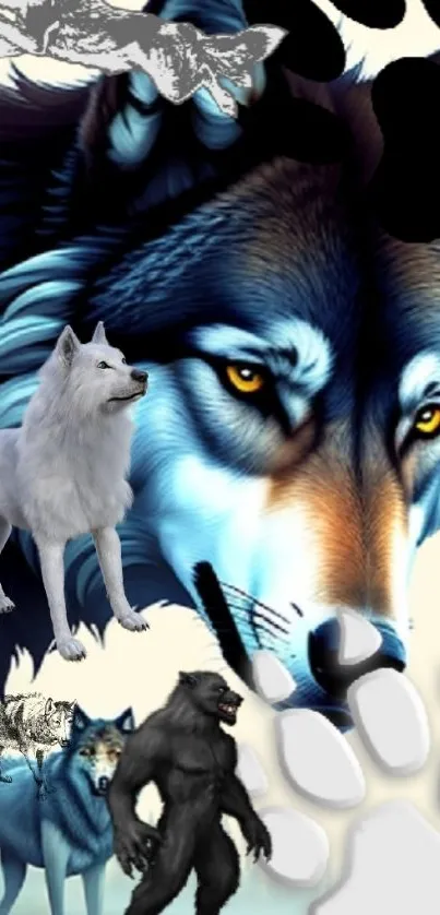 Artistic wallpaper featuring mystical wolves with vibrant blue and golden hues.