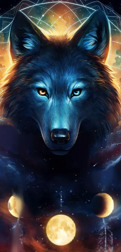 Mystical wolf digital art with moons and blue tones.