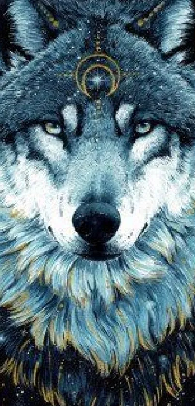 Mystical wolf art with blue-gray tones and cosmic details.