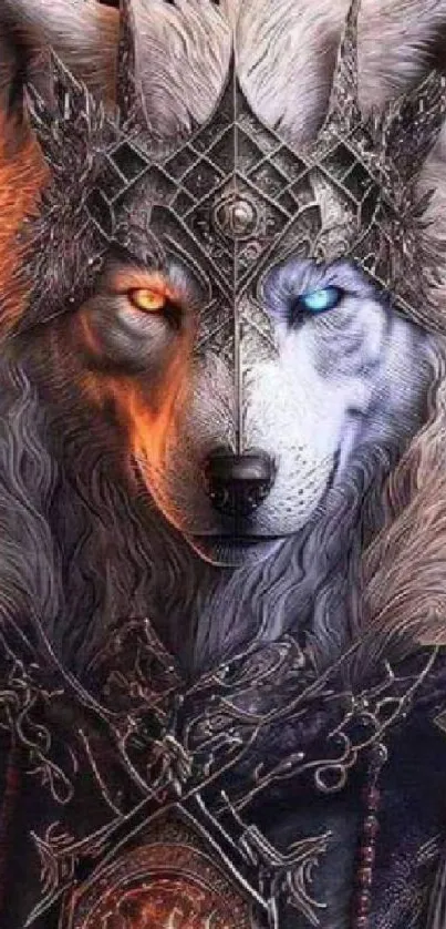 Mystical wolf with glowing eyes in a detailed fantasy artwork.