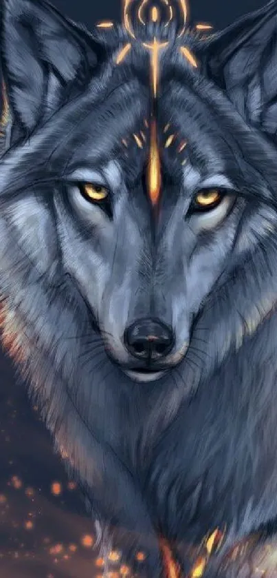 Mystical wolf wallpaper with fiery accents.