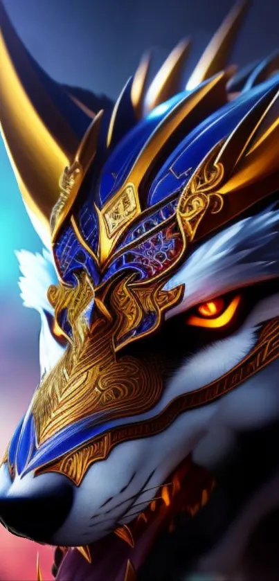 Mystical wolf with intricate golden mask and vibrant blue hues.