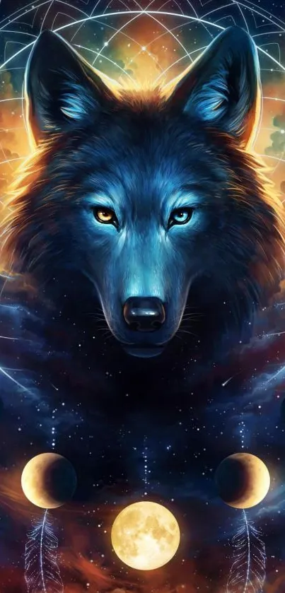 Mystical wolf with cosmic lunar design, vibrant blue art for mobile wallpaper.