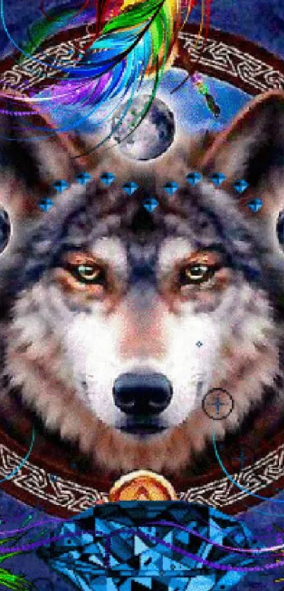 Mystical wolf wallpaper with celestial and feather elements.