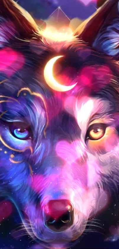 Mystical wolf with vibrant, colorful design and celestial elements in a wallpaper.