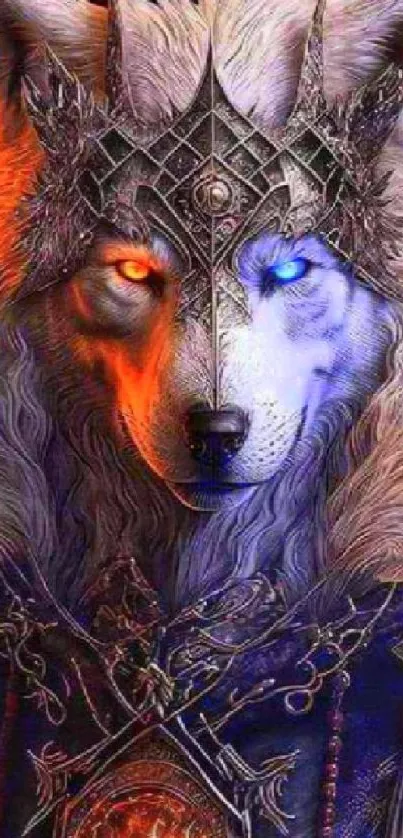 Mystical wolf art with vibrant colors and intricate design.