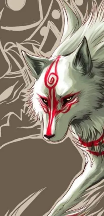 Ethereal wolf with red markings on taupe background.