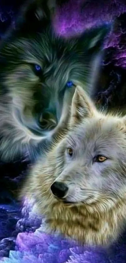 Mystical art wallpaper of two wolves with vibrant purple hues.