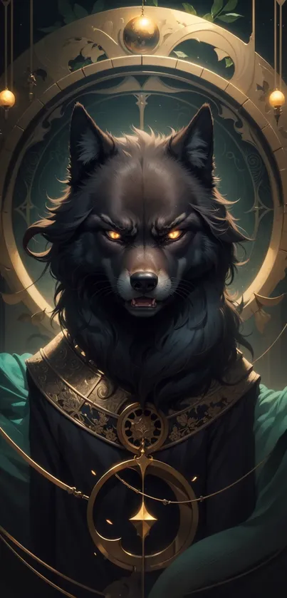 Mystical wolf with golden elements in a fantasy-themed wallpaper.