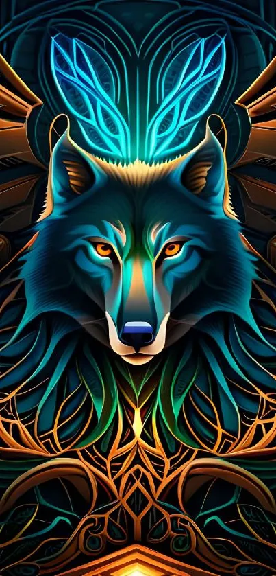 Mystical wolf with vibrant colors and intricate design, perfect for a phone wallpaper.