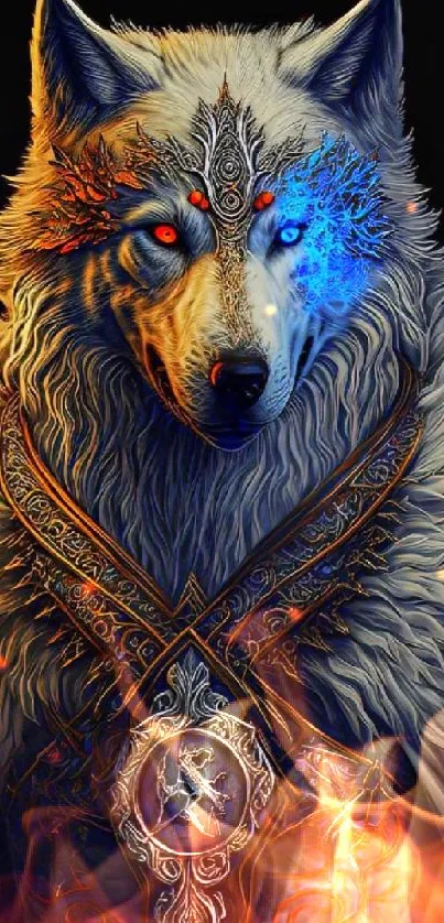 Fantasy wolf with blue and orange flames, intricate design.