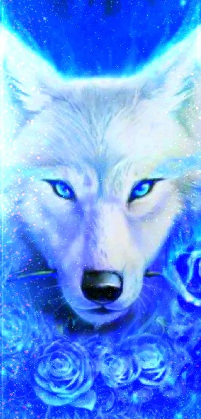 Wolf with glowing blue aura surrounded by roses in a fantasy art style.