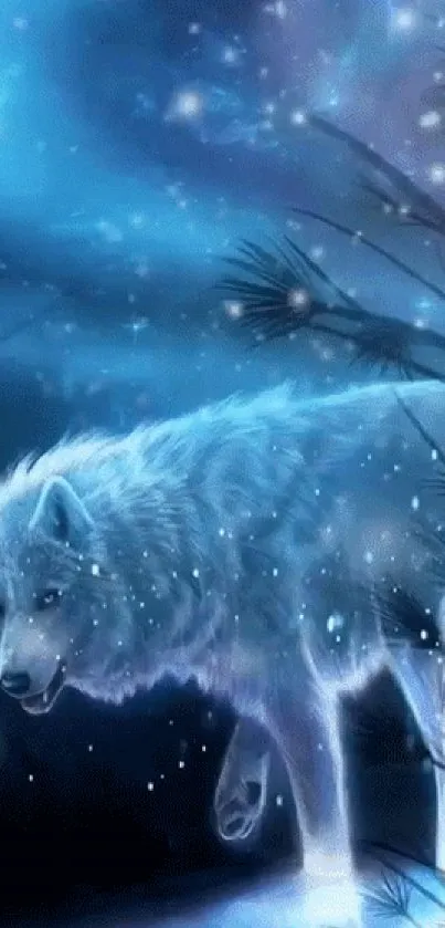 Wolf walking through moonlit forest with falling snow.