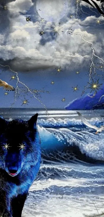 Fantasy wolf with ocean waves and lightning under a stormy sky.