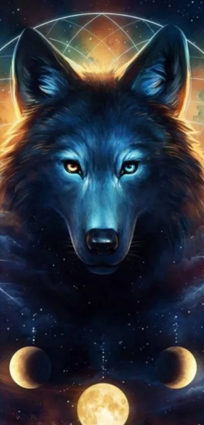 Mystical blue wolf with celestial elements in night sky.