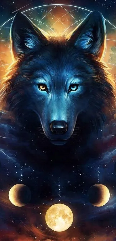 Mystical wolf with celestial moons and vibrant blue tones.