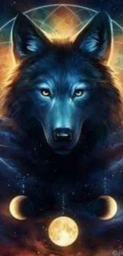 Mystical wolf with lunar symbols in celestial art style.