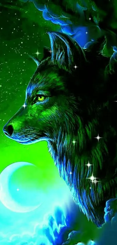 Mystical wolf wallpaper with stars and moon in a vibrant green celestial scene.