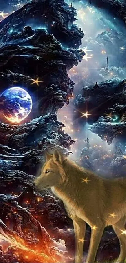 Mystical wolf in a cosmic landscape with Earth in the distance.