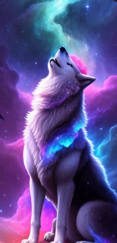 Mystical wolf howling in a vibrant cosmic galaxy.