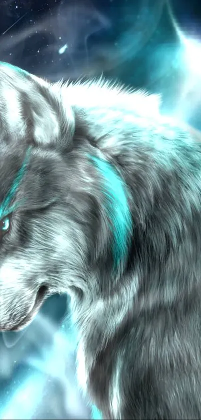 Mystical wolf in a cosmic scene mobile wallpaper with teal highlights.