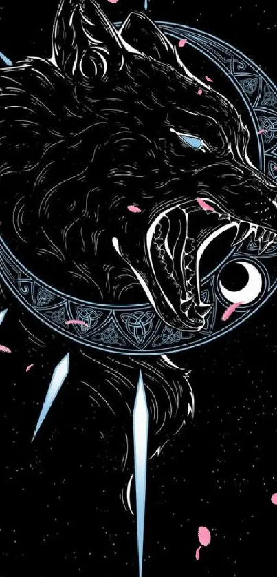 Mystical digital wolf artwork with cosmic accents and black background.