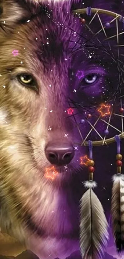 A mystical wolf with a dreamcatcher creates a stunning mobile wallpaper.