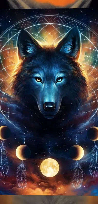 Mystical blue wolf with dreamcatcher and lunar phases in cosmic background.